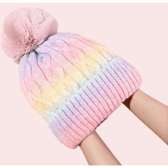 Cap Beanie Mulitcolor Pastel Lined Inside with Ball on top - Picture 3 of 6